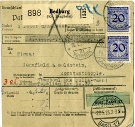 1925, 26.Mai , Paketkte. m. MiF. BEDBURG (KR. BERGHEIM) a(Handstpl.) über DEUTSCHE KART...