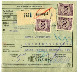 1925, ...Jan., Paketkte. m. MiF. NUERNBERG 22.(schwach. bayer. Handstpl.) über WIEN 77...
