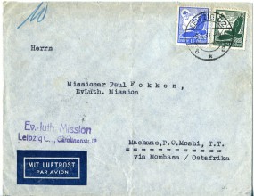 1937, 9.Apr., Lp.-Bf.m. MiF. LEIPZIG C2 a*s(Handstpl.) nach MOSHI(Tanganyika). Postlau...