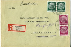 1938, 24.Sep., R-Bf.m. MiF. BIETIGHEIM (WÜRTT.) 1(Handstpl.) nach STUTTGART 1 as STADT ...