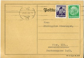 1938, 29.Sep., Kte. m. MiF. .. WIEN. 4R(österr. Masch.-Stpl.) nach Wien. Porto: RM 0.05....