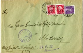 1927, 23.Aug., ZU-Bf.m. MiF. NORDEN **d(Handstpl.) nach Norderney. Porto: RM 0.60.