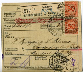 1926, 5.Mai , Paketkte. m. MiF. LIMBACH (SACHSEN) *e(Handstpl.) über LEIPZIG 18 *a, S...
