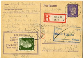 1944, 29.Jul., R-6Pfg.-GA-Kte.m. Zus.-Frankatur. BERLIN W62 b(Handstpl.) nach BERLIN-SC...