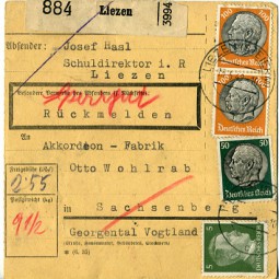 1942, 13.Mai , Paketkte. m. MiF. LIEZEN (STEIERM) c(Handstpl.) nach SACHSENBERG, GEORGE...