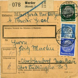 1942, 15.Sep., Paketkte. m. MiF. WERDER (HAVEL) *b(Handstpl.) nach Oberhohndorf. Porto: ...