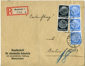 1935, 9.Okt., Postauftrag-R-Bf.m. MiF. MANNHEIM 1 *r(Handstpl.) nach BERLIN SW19 *c. P...