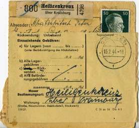 1944, 8.Feb., Paketkte. m. MiF. HEILIGENKREUZ (KÄRNTEN) b(Handstpl.) nach GNESEN l. Po...