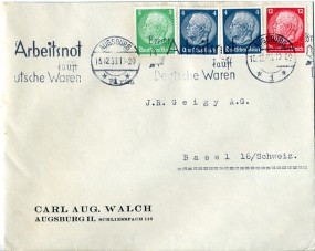 1933, 15.Dez., Bf.m. MiF. AUGSBURG 1 ** - BRECHT ARBEITSNOT KAUFT DEUTSCHE WAREN(Masch.-...