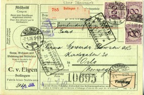 1926, 7.Jan., W-Paketkte. m. MiF. SOLINGEN 1 *k(Handstpl.) über FLENSBURG 1.. nach OS...
