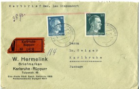 1941, 8.Aug., W-Bf.m. MiF. KARLSRUHE-RÜPPURR c(Handstpl.) nach KARLSRUHE (BADEN) 1 c. ...