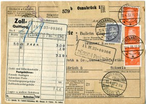 1933, 12.Apr., Paketkte. m. MiF. OSNABRÜCK **o(Handstpl.) über DEUTSCHE KARTIERUNGS=STE...