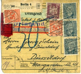 1926, 7.Mai , Eil-Paketkte. m. MiF. BERLIN N4 *m(Handstpl.) nach Düsseldorf. Porto: RM 1...