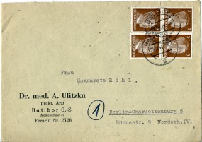 1944, 21.Dez., Bf.m. MeF. RATIBOR 1 s(Handstpl.) nach Berlin. Porto: RM 0.12.