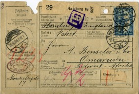 1924, 16.Okt., Paketkte. m. MiF. HAMBURG 18 *n(Handstpl.) nach Südwestafrika. Porto: RM ...