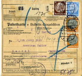 1938, 12.Mai , Paketkte. m. MiF. GAUTING **b(Handstpl.) über MUENCHEN. nach ZAGREB.....