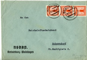 1942, 20.Okt., Bf.m. MeF. WAIBLINGEN(Handstpl.) nach Schorndorf. Porto: RM 0.24. Abs.: 
