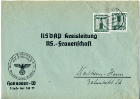 1942, 28.Apr., Bf.m. MeF. HANNOVER 1 st(Handstpl.) nach Northeim. Porto: RM 0.12. Abs.: ...