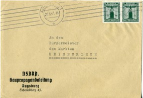 1941, 26.Mrz., Bf.m. MeF. AUGSBURG 1 a(Masch.-Stpl.) nach Heimenkirch. Porto: RM 0.12. A...