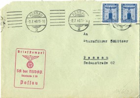 1940, 2.Jul., Bf.m. MeF. PASSAU 2(Masch.-Stpl.) nach Passau. Porto: RM 0.08. Abs.: 