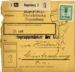 1943, 3.Nov., Paketkte. m. MiF. REGENSBURG 2 *.(Handstpl.) nach UNTERHACHING a. Postla...