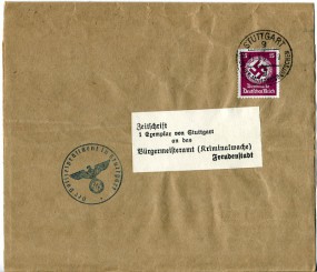 1937, 31.Mrz., Streifband m. EF. STUTTGART 9 g STADT DER AUSLANDSDEUTSCHEN(Handstpl.) na...