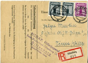 1944, 22.Jun., R-Kte. m. MiF. DILLENBURG a(Handstpl.) nach Sinn. Porto: RM 0.42(+). Kte....