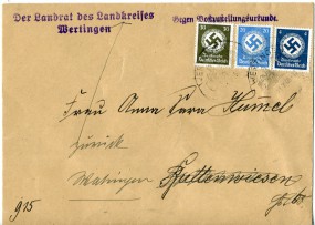 1940, 21.Feb., ZU-Bf.m. MiF. WERTINGEN -..(Handwerbestpl.) nach Buttenwiesen. Porto: RM ...