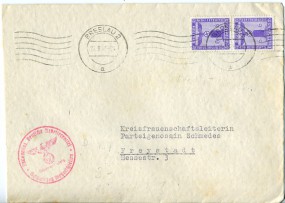 1943, 21.Sep., Bf.m. MeF. BRESLAU 2 a(Masch.-Stpl.) nach Freystadt. Porto: RM 0.12. Abs....