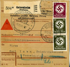 1943, 9.Dez., NN-Paketkte. m. MiF. GEISENHEIM (RHEINGAU)(Handstpl.) nach WASSELNHEIM (E...