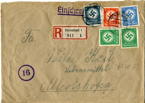 1944, 3.Apr., R-Bf.m. MiF. DARMSTADT 1 d(Handstpl.) nach DARMSTADT 2 c. Postlaufzeit: ...