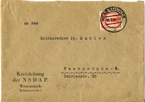 1944, 19.Feb., Bf.m. EF. WESERMÜNDE l(Handstpl.) nach Wesermünde. Porto: RM 0.08. Abs.: ...