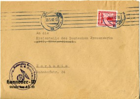 1942, 20.Mai , Bf.m. EF. HANNOVER. ap(Masch.-Stpl.) nach Northeim. Porto: RM 0.12. Abs.:...