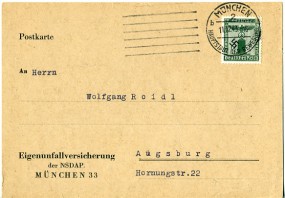 1943, 11.Dez., Kte. m. EF. MÜNCHEN 2 b HAUPTSTADT DER BEWEGUNG(Masch.-Stpl.) nach Augsbu...