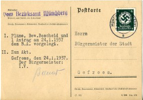 1937, 24.Jan., Kte. m. EF. MÜNCHBERG (OBERFR) b(Handstpl.) nach Gefrees. Sonntags gestem...