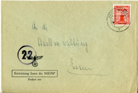 1944, 14.Sep., Bf.m. EF. ESSEN-WERDEN d(Handstpl.) nach Essen. Porto: RM 0.08. Abs.: 