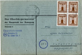 1944, 10.Okt., Bf.m. MeF. MÜNCHEN 22 aa HAUPTSTADT DER BEWEGUNG(Masch.-Stpl.) nach Burgb...