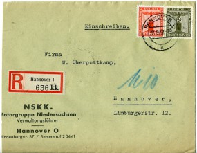 1942, 22.Sep., R-Bf.m. MiF. HANNOVER 1 ii(Handstpl.) nach HANNOVER 1 z. Postlaufzeit: ...