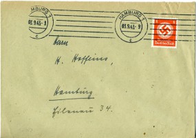1943, 3.Sep., Bf.m. EF. HAMBURG 1 c(Masch.-Stpl.) nach Hamburg. Porto: RM 0.08.