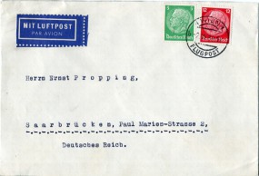 1939, 2.Jun., Lp.-Bf.m. MiF. 1 WIEN 1 b FLUGPOST(österr. Handstpl.) nach Saarbrücken. Po...