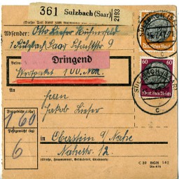 1942, 15.Jul., Paketkte. m. MiF. SULZBACH (SAAR) c(Handstpl.) nach Oberstein. Porto: RM ...