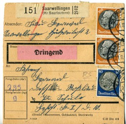 1943, 21.Aug., Paketkte. m. MiF. SAARWELLINGEN b(Handstpl.) nach DESSAU-ROSSLAU b. Pos...