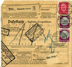 1934, 2.Jan., Paketkte. m. MiF. NEUSTADT (SACHSEN) *f(Handstpl.) über KÖLN-DEUTZ 1 e n...