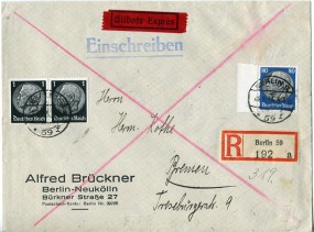 1935, 18.Mai , R-Eil-Bf.m. MiF. BERLIN S59 *f(Handstpl.) nach BREMEN-. Postlaufzeit: 1...