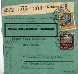1939, 24.Jan., Paketkte. für drei Pakete m. MiF. KOBLENZ 2 f(Handstpl.) nach Idar-Oberst...