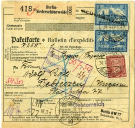 1929, 30.Aug., Paketkte. m. MiF. BERLIN-NIEDERSCHÖNWALDE b(Handstpl.) über BUDAPEST E10...