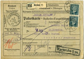 1927, 1.Feb., Paketkte. m. MeF. NUERNBERG 11(bayer.Handstpl.) nach Frankreich. Porto: RM...