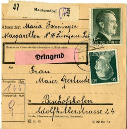 1944, 1.Apr., Paketkte. m. MiF. MAUTERNDORF(österr. Handstpl.) nach Bischofshofen. Porto...