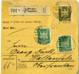 1924, 11.Dez., Paketkte. m. MiF. BERGEN (VOGTL.) *a(Handstpl.) nach WALLENFELS *a. Pos...
