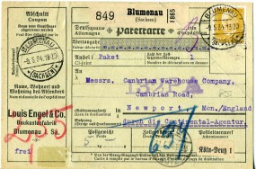 1934, 9.Mai , Paketkte. m. MiF. BLUMENAU (SACHSEN) **(Handstpl.) über KÖLN-DEUTZ 1 c n...
